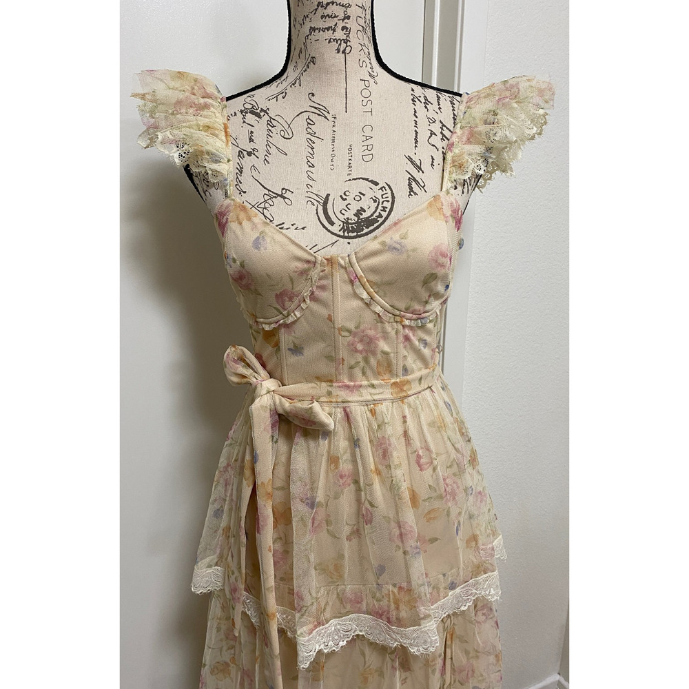 Lulus Dress Womens Small Cream Floral Lace Tiered Midi Ruffle Romantic Fairy - Picture 2 of 16